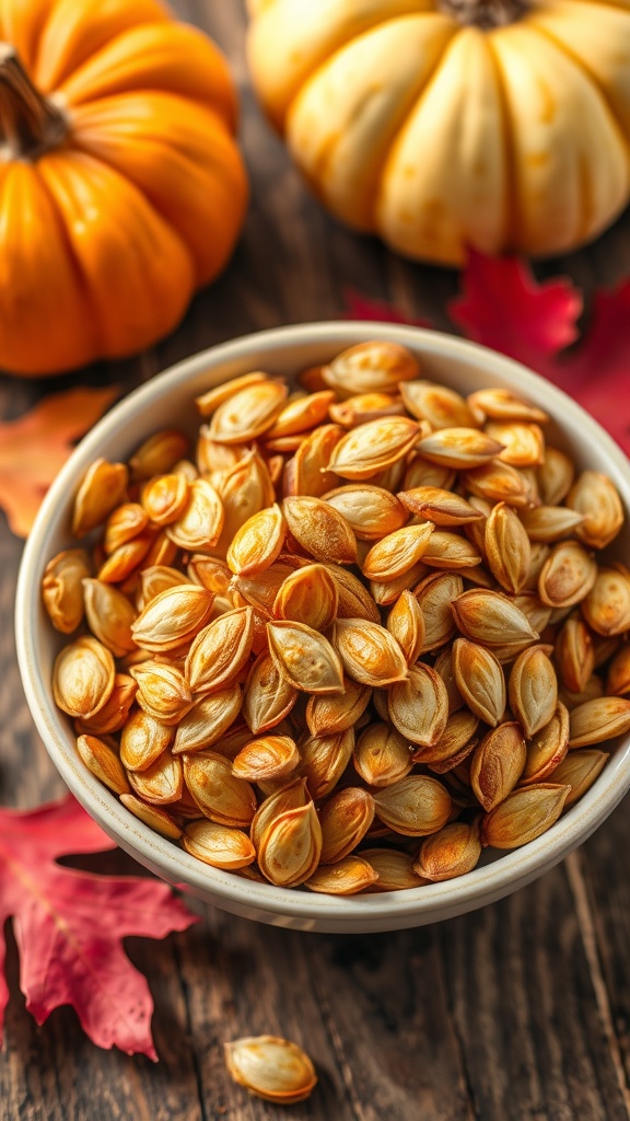 Crispy Air Fryer Pumpkin Seeds Recipe A bowl of golden brown air fryer pumpkin seeds, seasoned, with pumpkins and autumn leaves in the background.